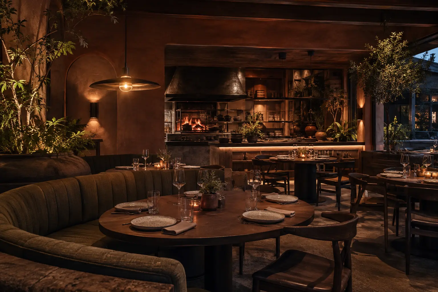 The warm terracotta dining room at Mitti and Ember